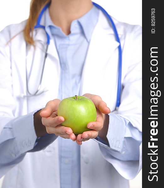 Apple a day keeps the doctor away doctor holding