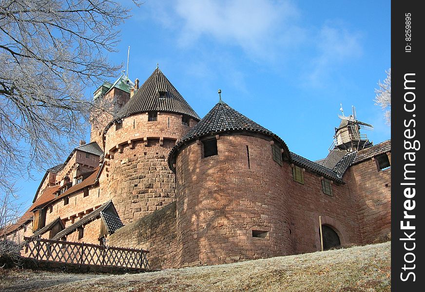 View of the Renaissance Haute-Koeningsbourg castle from 15-16 centuries in Alsace, France in winter. View of the Renaissance Haute-Koeningsbourg castle from 15-16 centuries in Alsace, France in winter