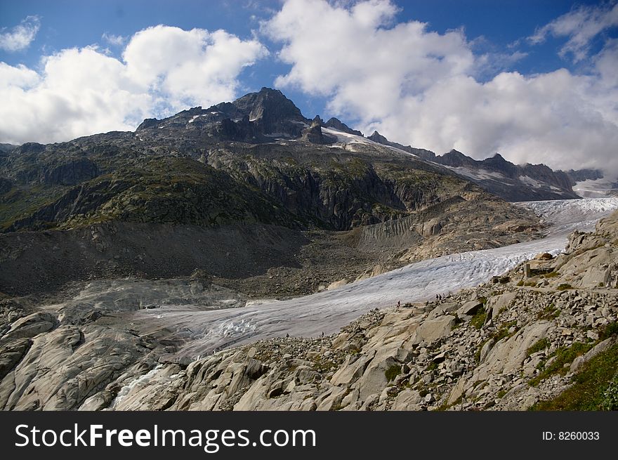 Summer mountain landscape of Rhone glacier in Swiss Alps