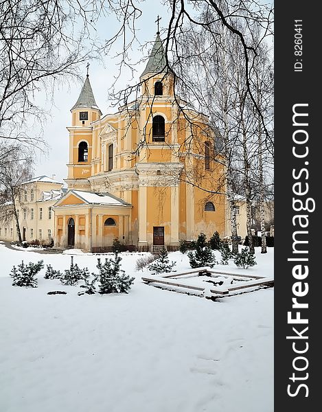 Ancient church in Vilnius.Cloudy winter day