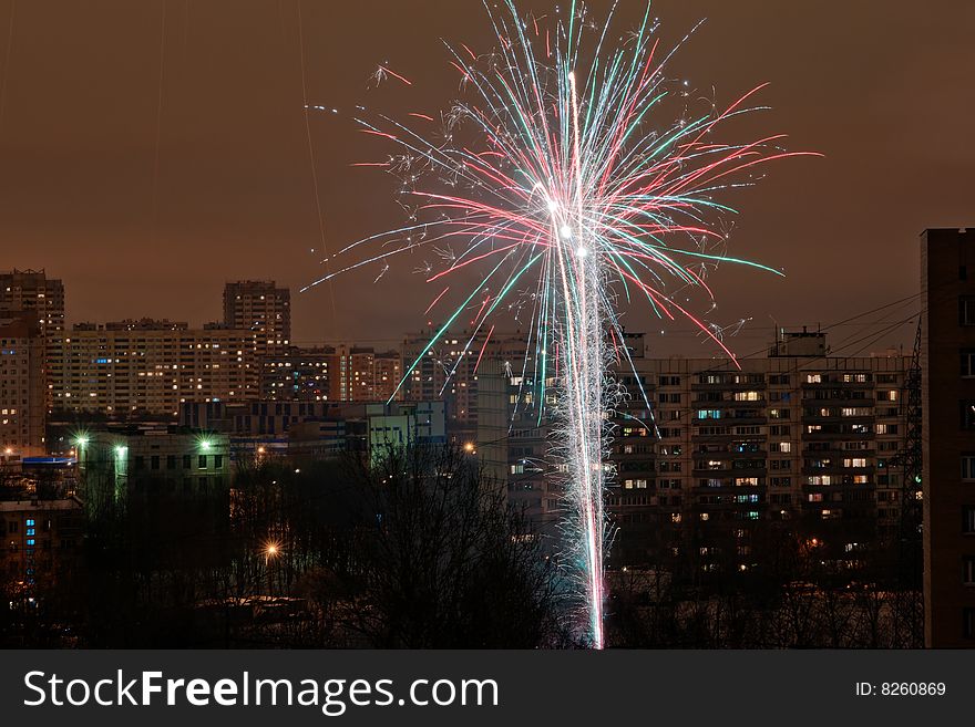 Fireworks over night city buildings. Fireworks over night city buildings