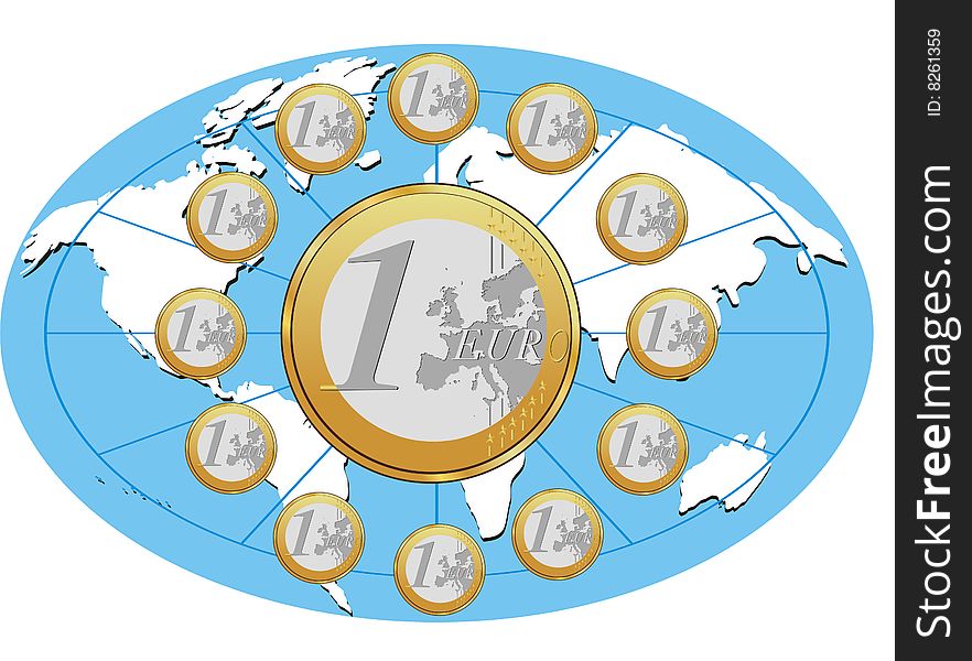 Vector illustration of Euro coins placed in circle on World map. Vector illustration of Euro coins placed in circle on World map.