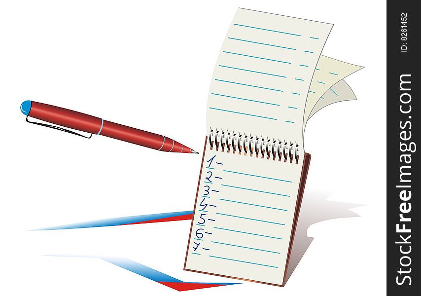 Notepad with numbers written on it, and a red ball-point pen in white background. Notepad with numbers written on it, and a red ball-point pen in white background.