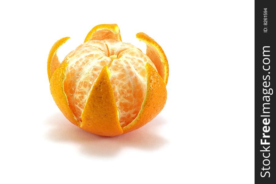 One orange tangerine with the cut peel isolated on a white background
