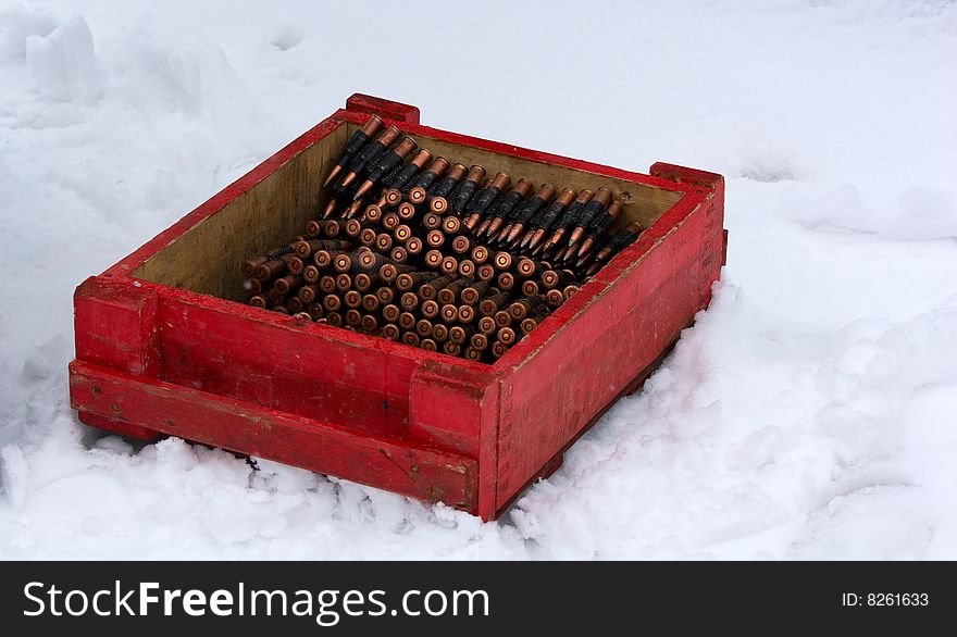 Winter war moment: box with machinegun ammo on snowfield