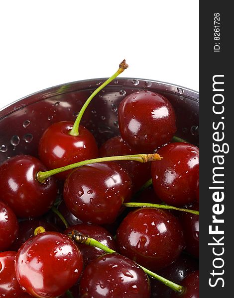 Fresh cherry in metal bowl with drops. Fresh cherry in metal bowl with drops