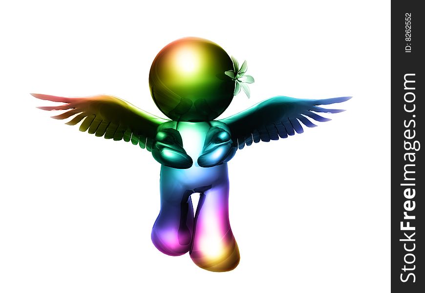 Shiny colorful angel giving present. Shiny colorful angel giving present