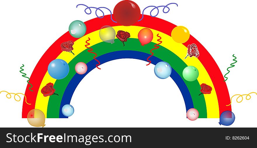 Celebrations with lots of ballons, streamers, ribbons, balls and roses over a rainbow. Celebrations with lots of ballons, streamers, ribbons, balls and roses over a rainbow
