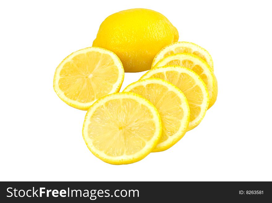 Fresh lemons, whole, half, and sliced, isolated on white background with copy space. Fresh lemons, whole, half, and sliced, isolated on white background with copy space