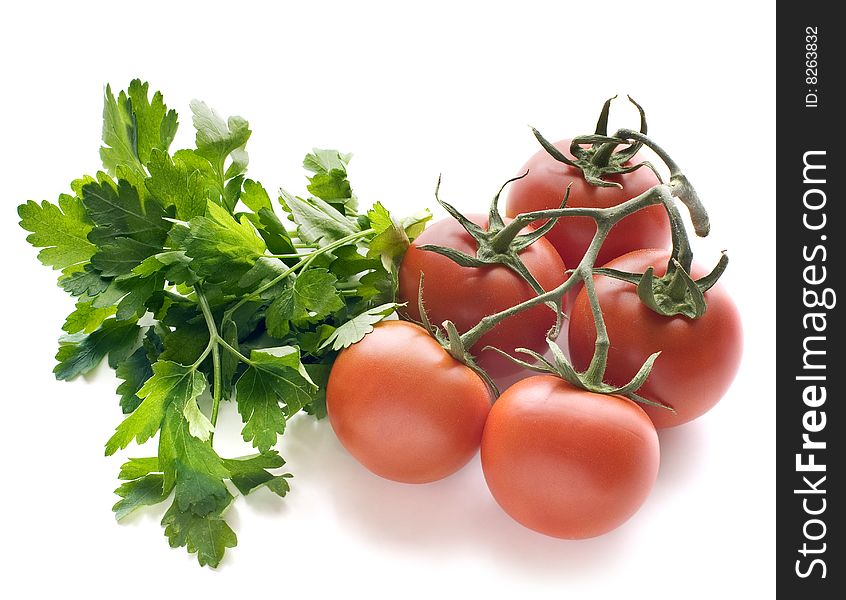 Cherry tomatoes with fresh parsley on white background. Cherry tomatoes with fresh parsley on white background