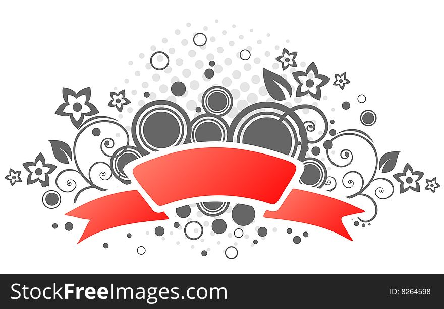 Red ribbon with flowers and abstract pattern on a white background.