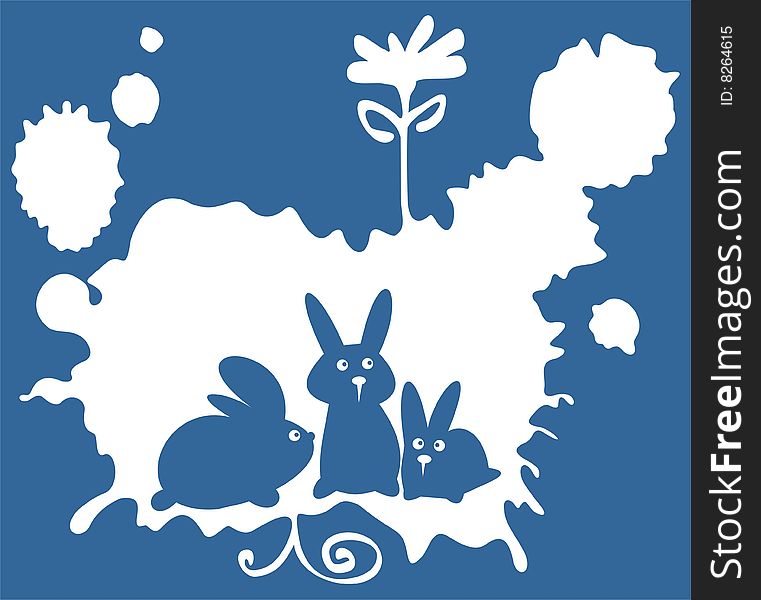 Three cartoon rabbits on a blue grunge background. Three cartoon rabbits on a blue grunge background.