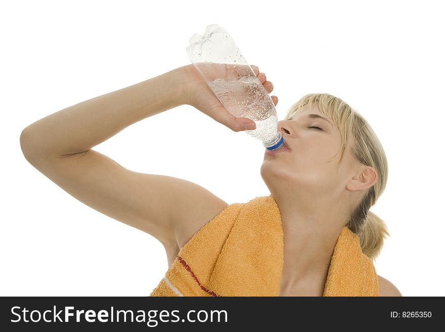 A lucky woman drink water. A lucky woman drink water