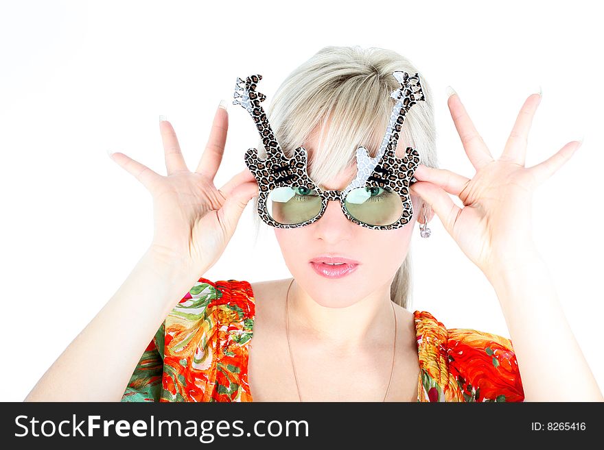 Girl with funny glasses isolated on white. Girl with funny glasses isolated on white