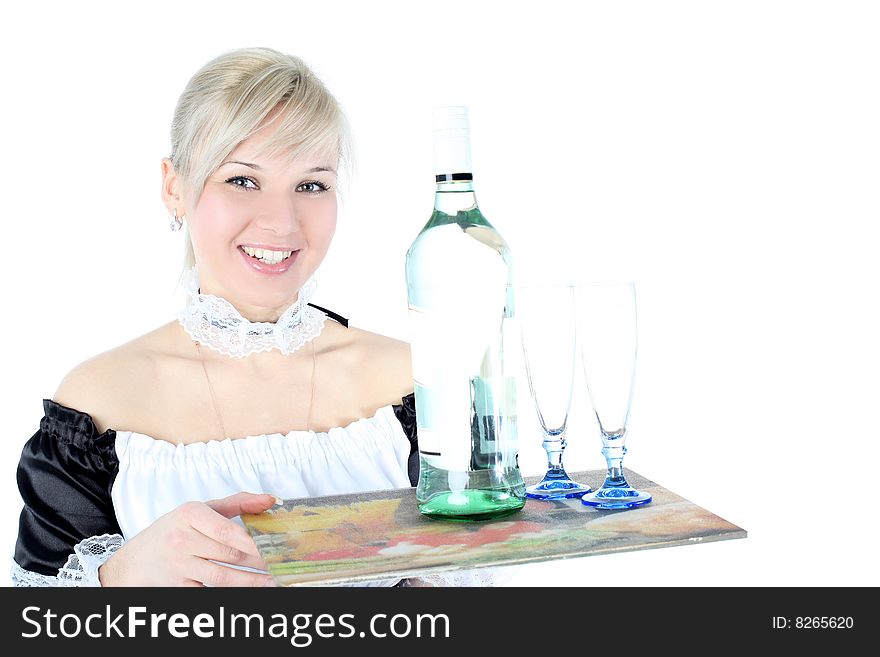 Girl waiter with a tray isolated on white