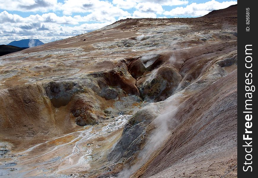 Geothermal platform and fields from a lava near to volcano Krafla in Iceland