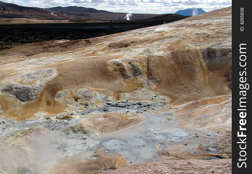 Geothermal platform and fields from a lava near to volcano Krafla in Iceland