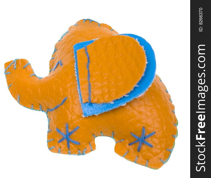 Funny orange leather handmade elephant from Thailand on white background