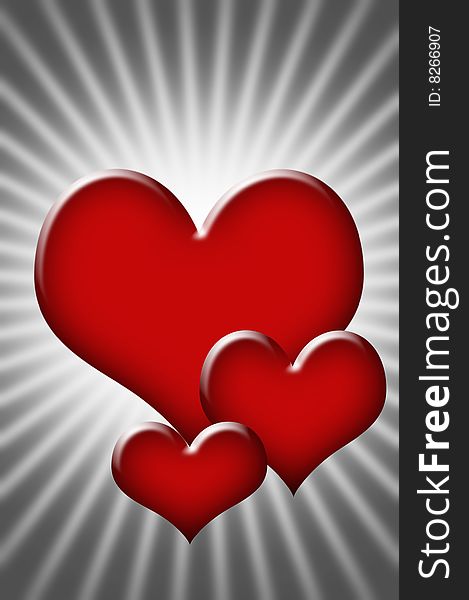 Red hearts and sun burst background