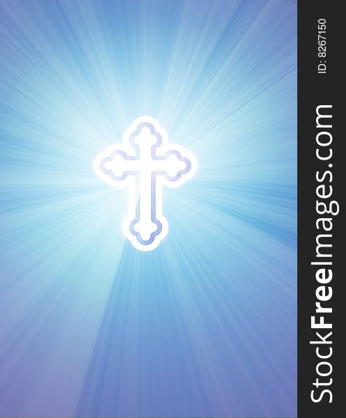Shining cross on a blue background in the rays