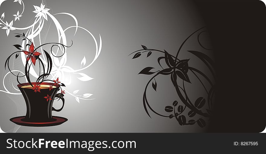 Cup with coffee and bouquet of flowers. Blank for card. Vector illustration