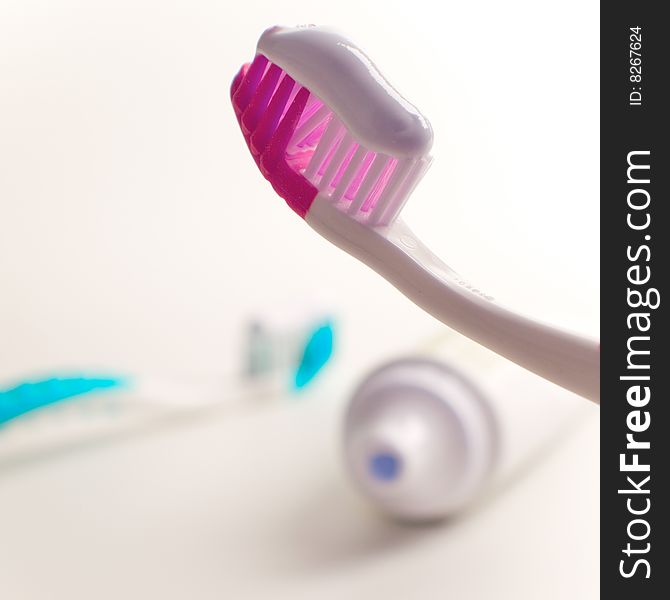 Toothbrushes and toothpaste closeup. dental care