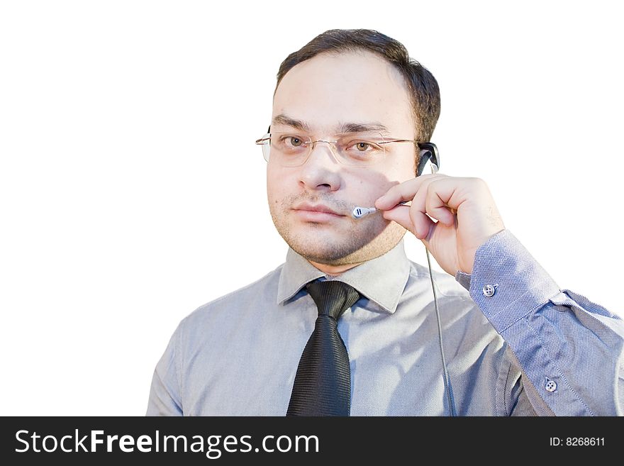 Man in earphone, talking in mike