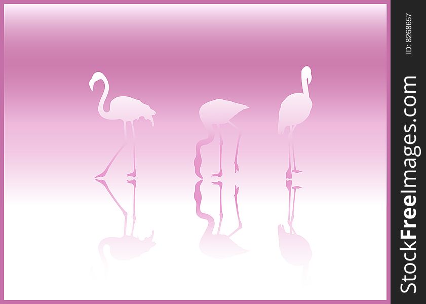 Background with silhouettes of flamingos on pink