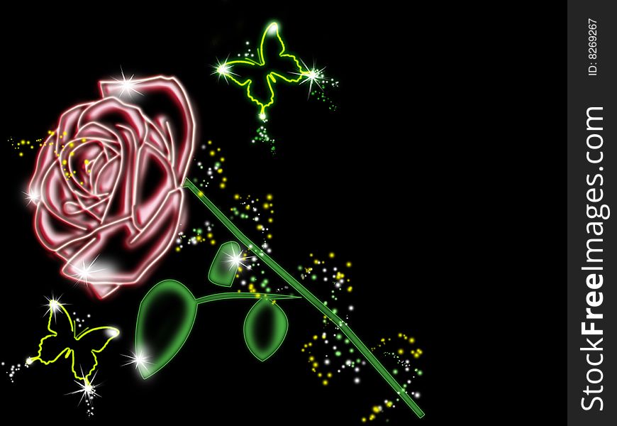 Brilliant rose with butterflies on a black background. Brilliant rose with butterflies on a black background