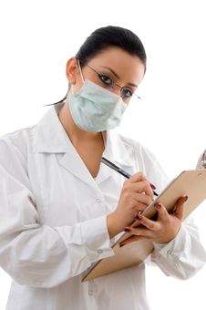 Doctor With Writing Pad And Mask On White Royalty Free Stock Images