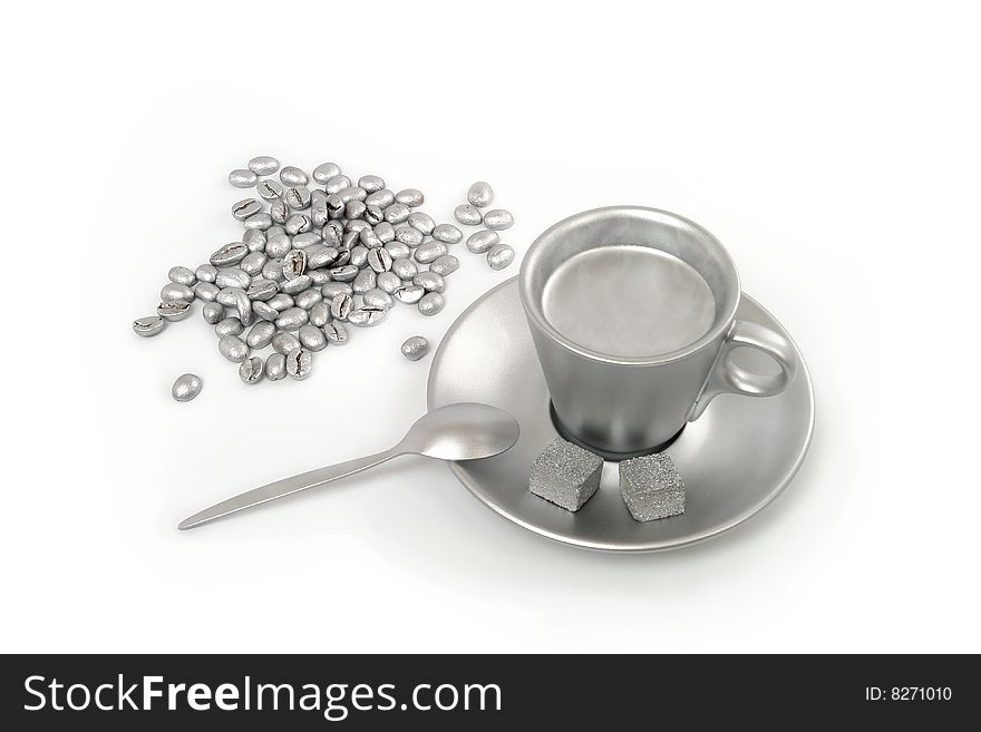 Cup coffee, beans and sugar elegant, unusual, silver colors