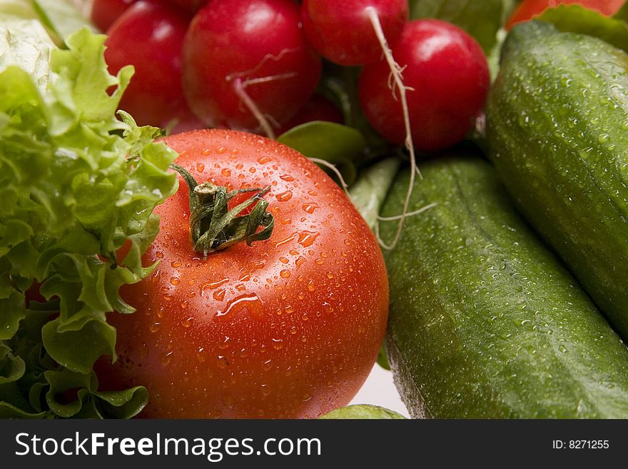 A group of sprinkled fresh vegetables. A group of sprinkled fresh vegetables.