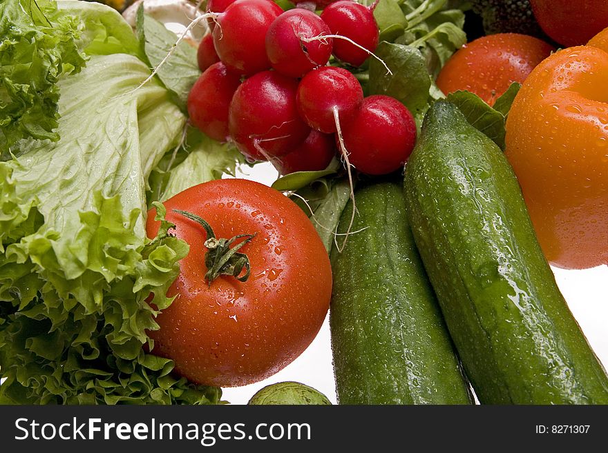 A group of sprinkled fresh vegetables. A group of sprinkled fresh vegetables.