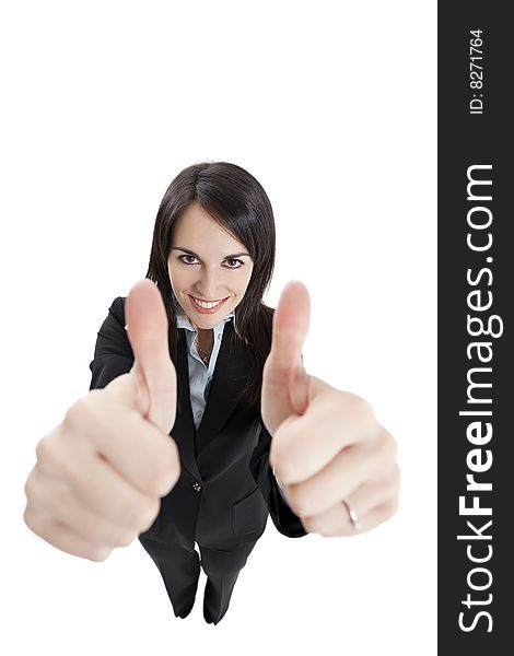 Businesswoman showing thumbs up on white background