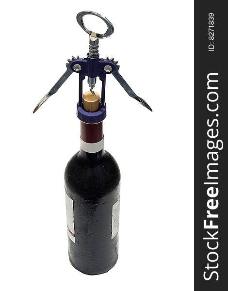 Close-up bottle of wine and corkscrew isolated on a white background. Close-up bottle of wine and corkscrew isolated on a white background