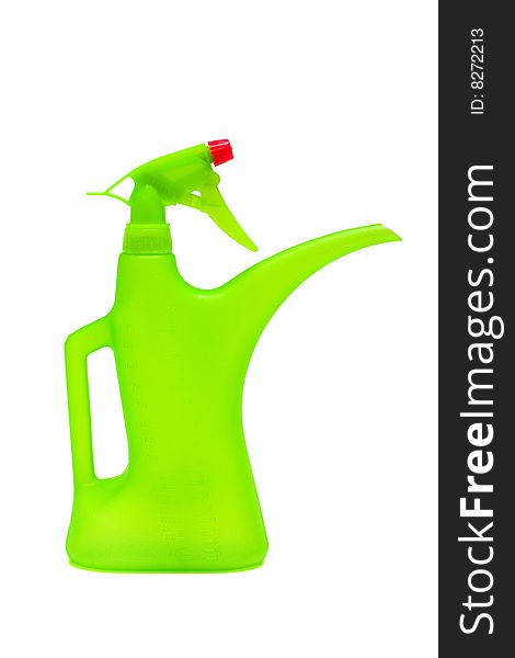 Green watering can on a white background