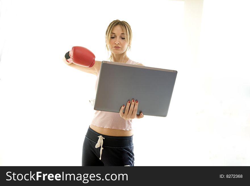 Young woman fighting work problems