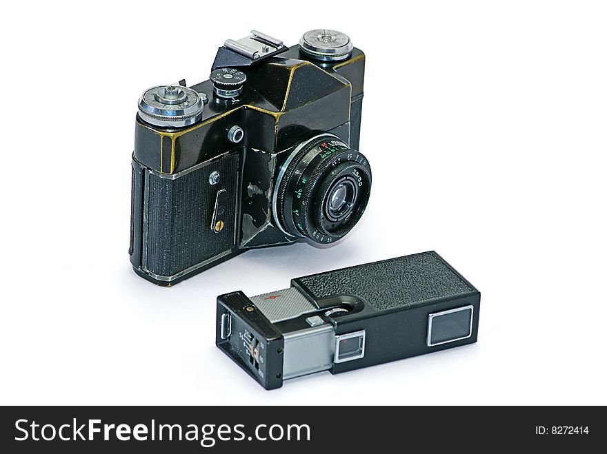 Two old photo cameras on white background