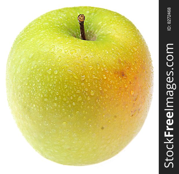 Whole sprinkled green apple with stem. Whole sprinkled green apple with stem.