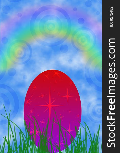Colorful Easter egg on grass with rainbow. Copy space.