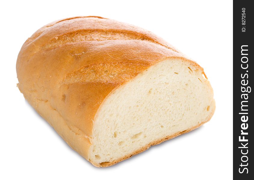 Close-up half of long loaf, isolated on white