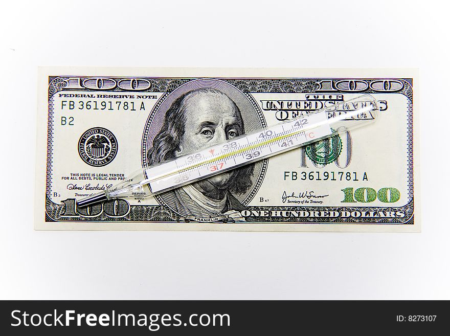 Isolated hundred dollars with thermometer