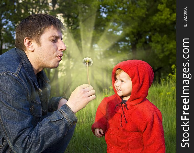 The daddy and a small daughter blow on a white dandelion