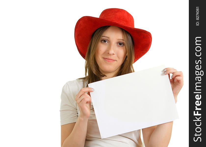European girl in a red hat holding a sheet of paper
