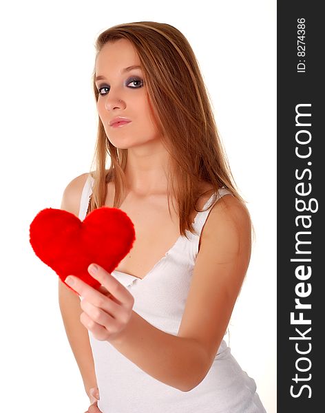 Woman And Artificial Red Heart