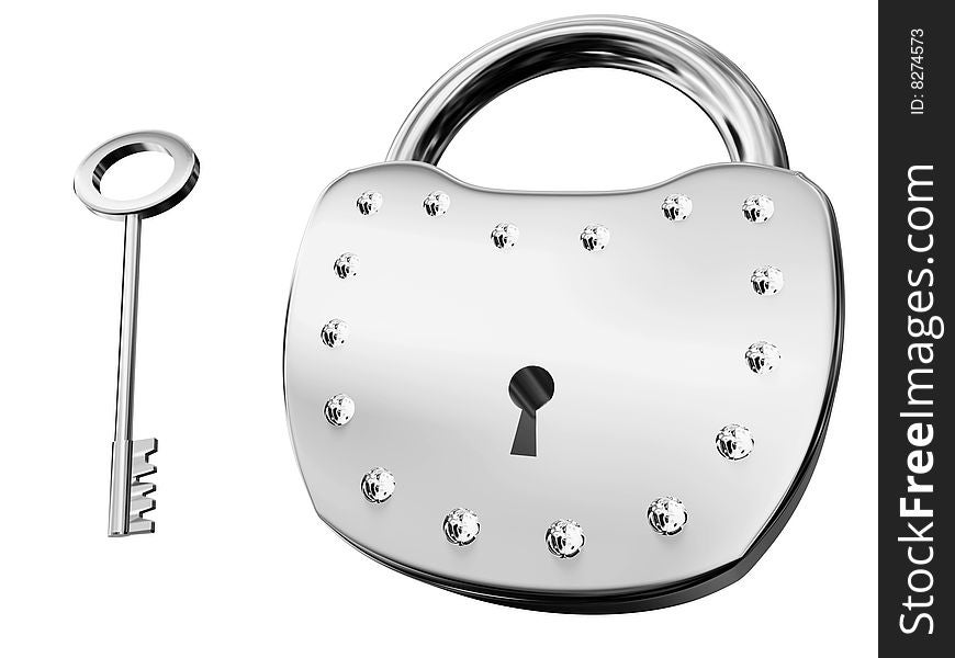 Chrome padlock with key isolated on white