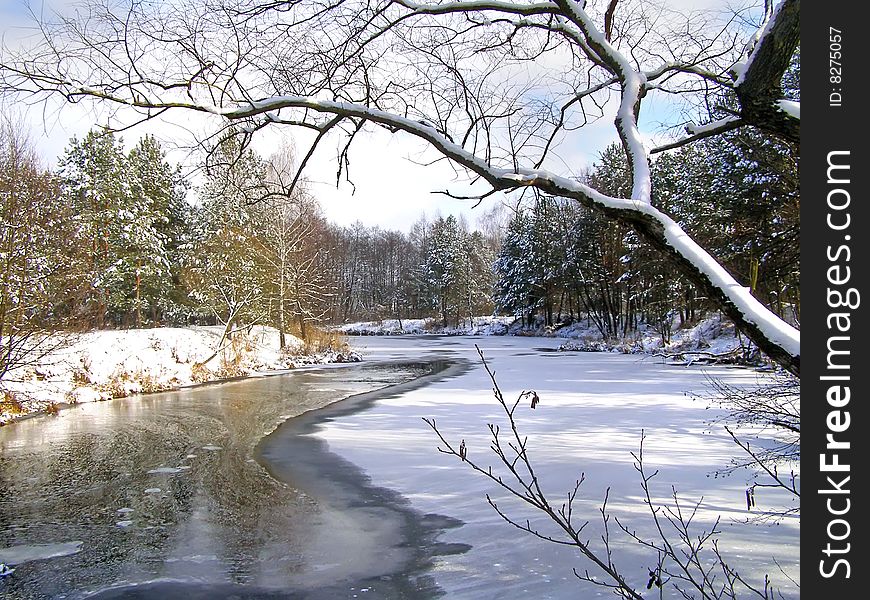 Beautiful winter landscape with ice river