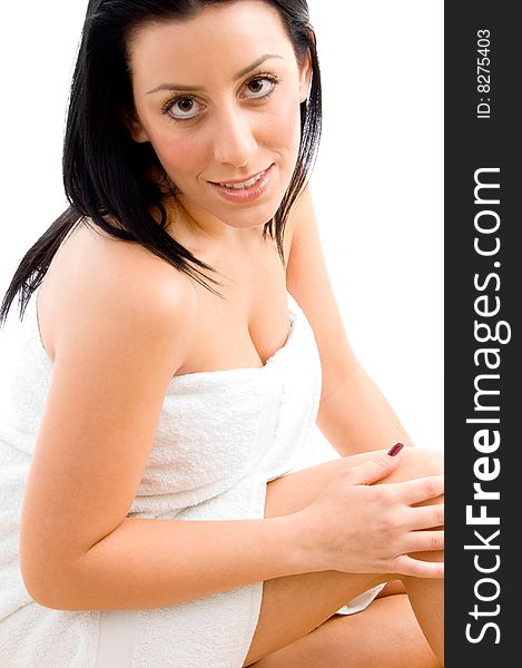 Woman Scrubbing Her Neck On An Isolated Background