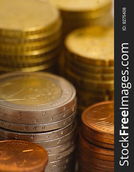 Close up of piles of euro coins