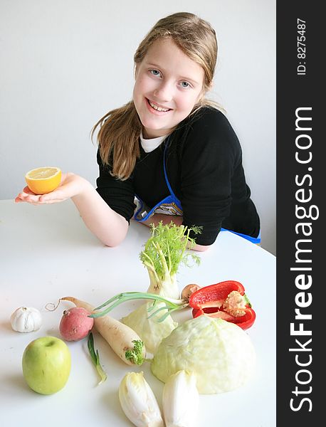 Teen with many vegetables